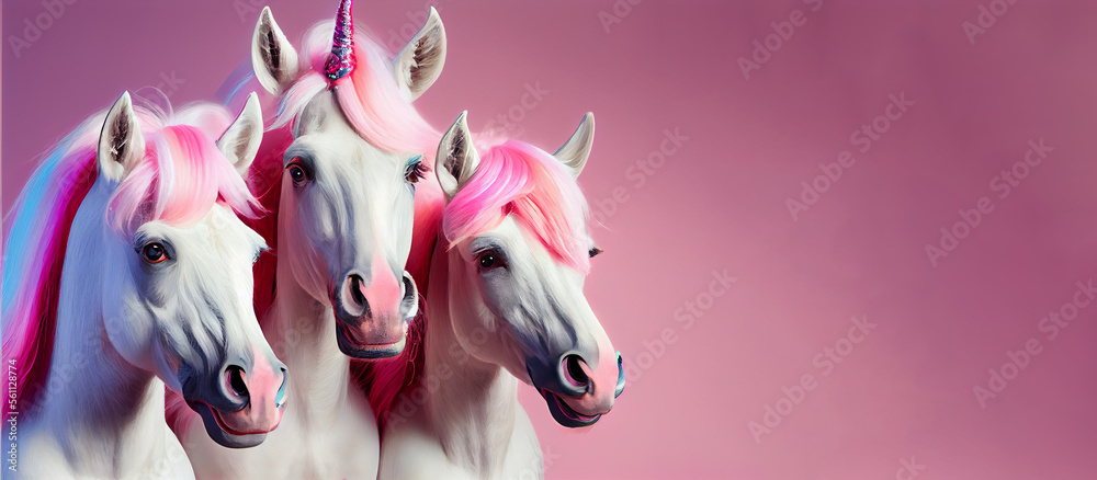Adorable Three Horses With Pink and Rainbow Manes. Generative ai