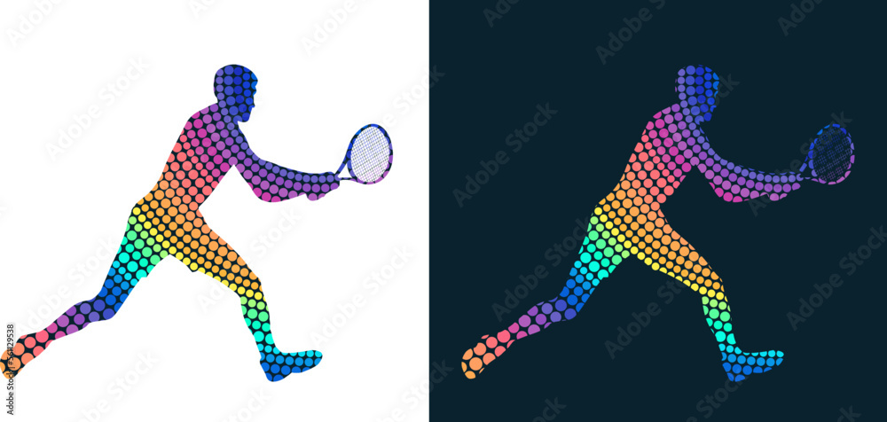 Silhouette of a tennis player from colored dots. Isolated vector image	