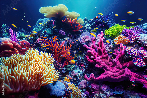 Fototapeta Naklejka Na Ścianę i Meble -  Colorful Undersea Coral Reef - Natural beauty with coral reef growing underwater. Oceanic blue water in the background and colorful fish by Generative AI