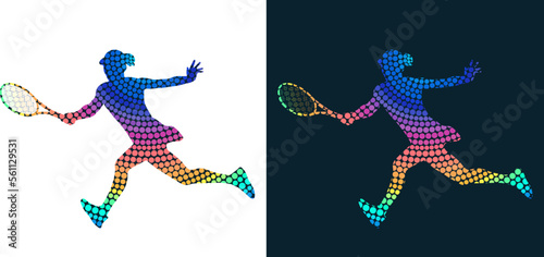 Silhouette of a tennis player from colored dots. Isolated vector image	