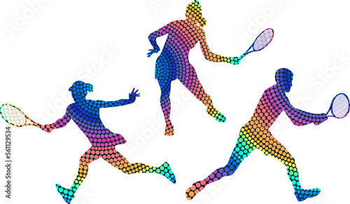 Set of silhouettes of tennis players from colored dots. Isolated vector image	