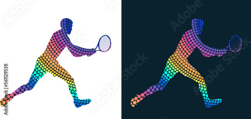 Silhouette of a tennis player from colored dots. Isolated vector image	