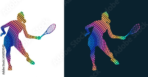 Silhouette of a tennis player from colored dots. Isolated vector image	