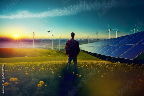 Valokuva Technology in harmony with nature for planet's future : a man on hilltop looking at sprawling solar farm integrated in natural landscape, wind turbine, balance and harmony