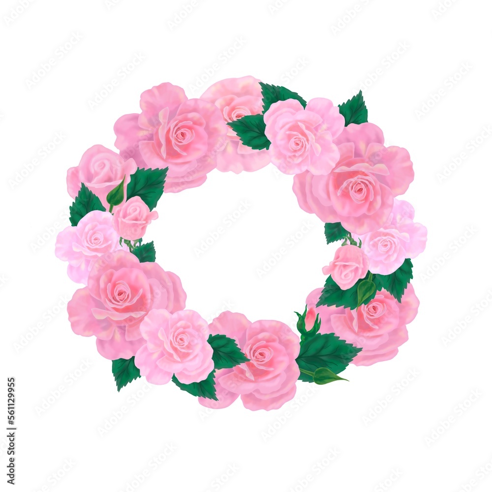 bouquet of roses. wreath of flowers. wreath of pink roses green leaves