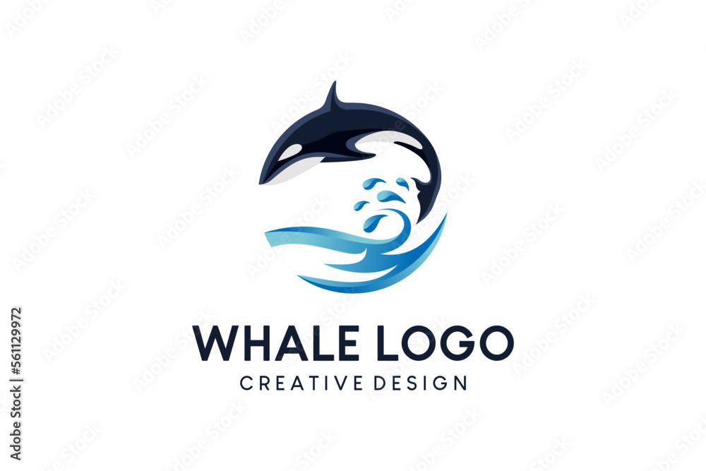 Whale logo design jumping over creative waves Whale logo design jumping over creative waves