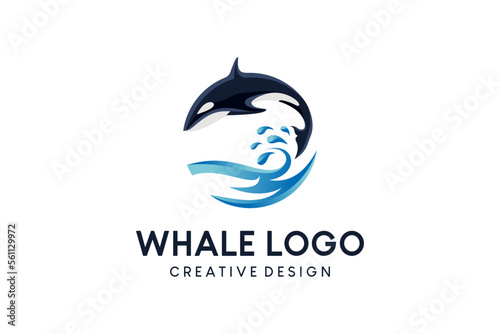 Whale logo design jumping over creative waves