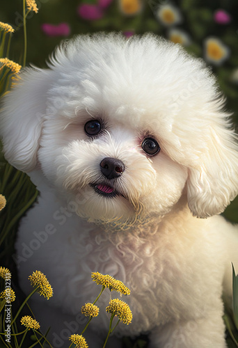 Bichon Frise puppy sitting in the grass, cute dogs, Generative AI