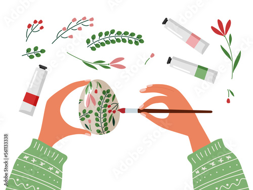 Woman decorating easter egg with paint brush. Easter celebration preparation. Flowers and paint tubes on table. Tradition of painting egg. Flat vector illustration. Creative Personality workplace