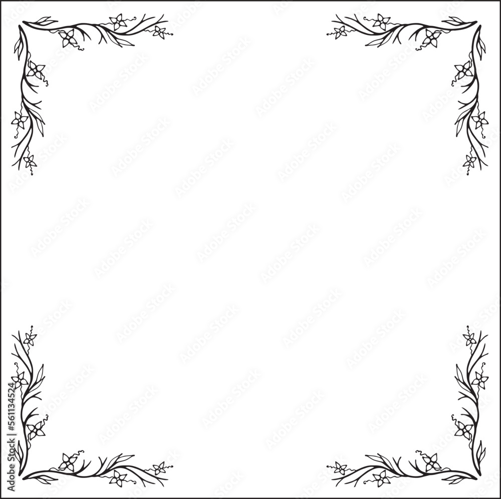 Elegant ornamental frame with twigs and flowers, decorative border for greeting cards, banners, invitations. Isolated vector illustration.
