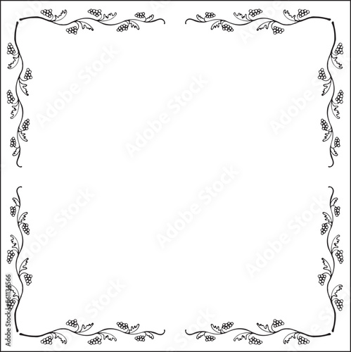 Black and white vegetal ornamental frame, decorative border, corners for greeting cards, banners, business cards, invitations, menus. Isolated vector illustration.