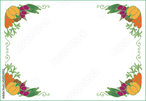 Colorful harvest vegetables frame with beetroots, carrots, potatoes and pumkin, autumn decoration for Halloween.