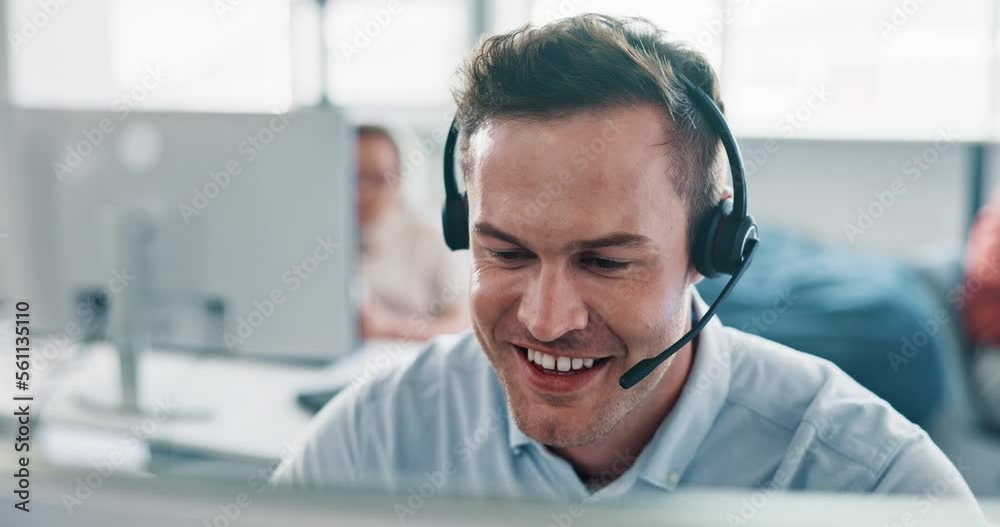 Call center, business man and smile for success in telemarketing sales, customer services or virtual consulting. Telecom, technical support or ecommerce consultant, agent or help desk worker talking Call center, business man and smile for success in telemarketing sales, customer services or virtual consulting. Telecom, technical support or ecommerce consultant, agent or help desk worker talking