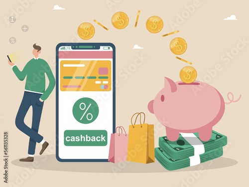 Cashback concept - a man with a smartphone, money goes to a piggy bank. Piggy bank in the form of a pig, a telephone and a person. Saving or accumulating money, financial services, mobile application.