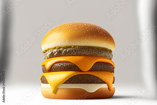 Selective concentration, a double cheeseburger with an onion, and white space. Generative AI photo