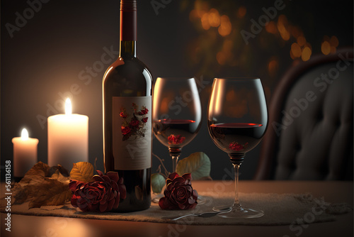 Wine on a romantic Valentine's evening, showcasing the indulgence and elegance of the holiday. AI Assisted Image