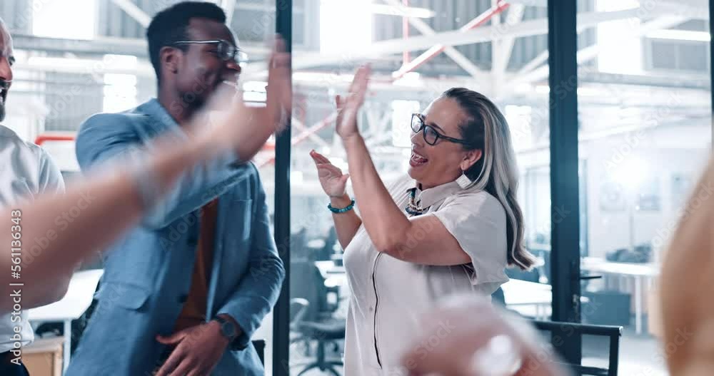 High five, applause and happy business people celebrate sales goals, achievement or success. Team building meeting, diversity group and staff excited for financial profit, teamwork or collaboration