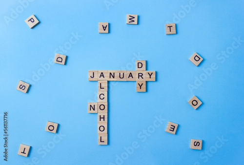 Obraz na plátně Words Dry January and No Alcohol made up of wooden blocks with letters