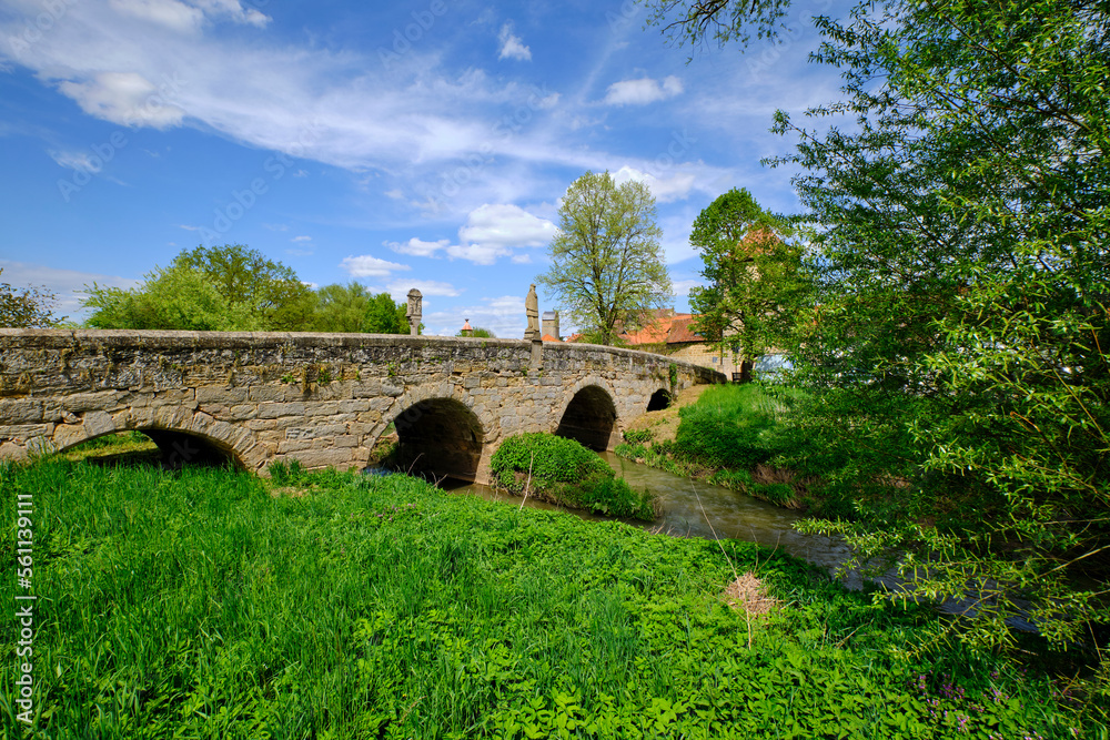 Historische Brücke über die Rodach in Seßlach, Landkreis Coburg, Oberfranken, Franken, Bayern, Deutschland
