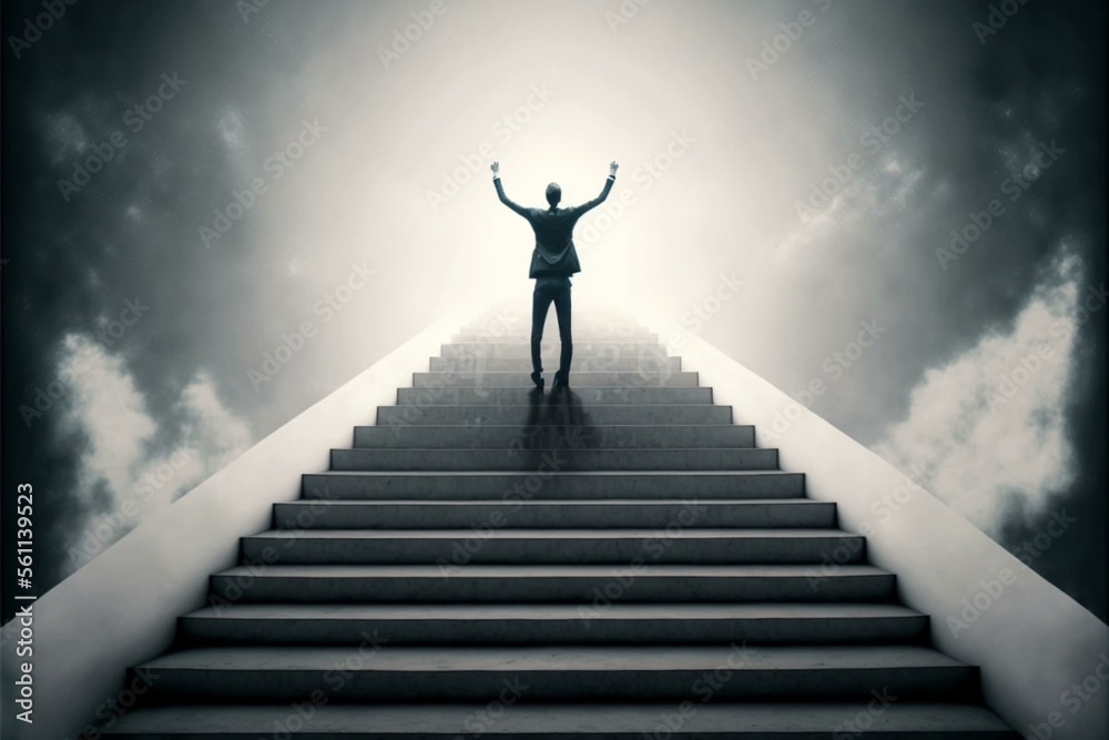 Businessman standing on the stairs rising his arms.