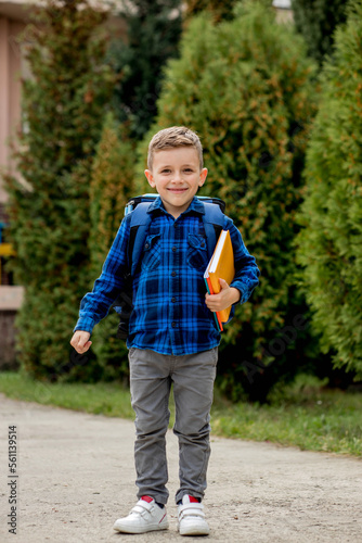 Portrait of schoolboy in a blue shirt with a backpack and textbooks. Little schoolboy. First grader