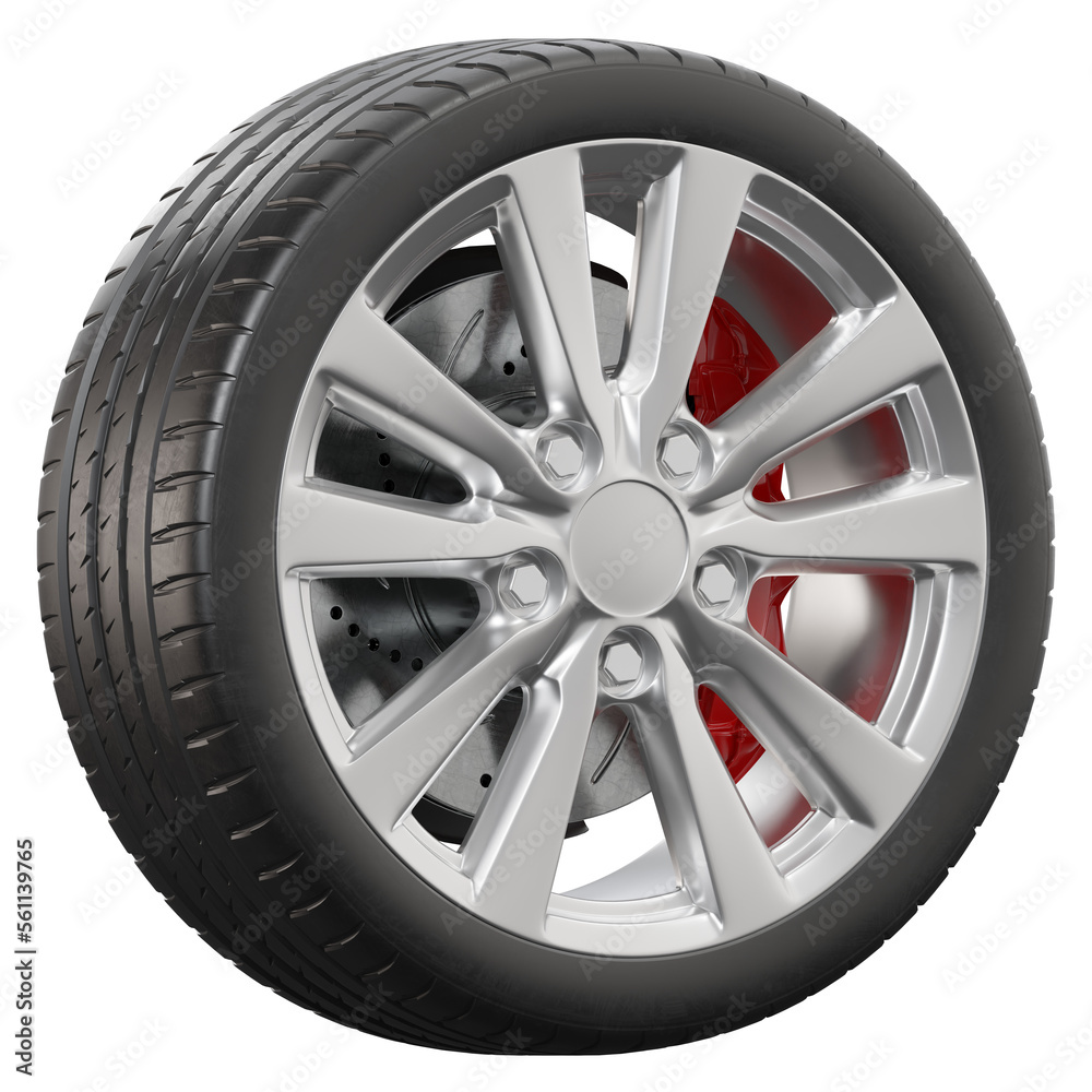 Realistic car wheel on transparent background in high resolution.