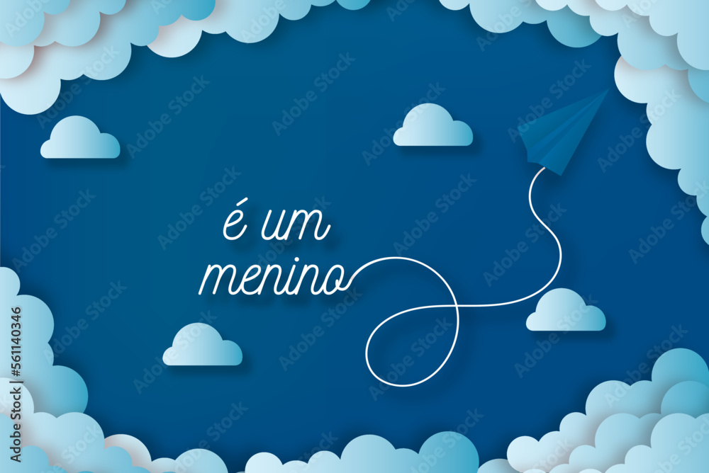 cartão ou banner para anunciar o nascimento é um menino de branco com nuvens de cor azul em gradiente em um fundo azul panthone 2020