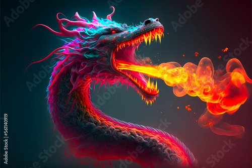 Top of a brightly colored Chinese dragon created with Generative AI technology that exhales puffs of fire.