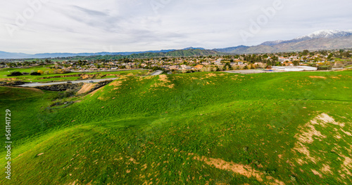 A Beautiful Green Valley in Yucaipa, Southern California, after Steady Rain helps the dry hills grow Grass