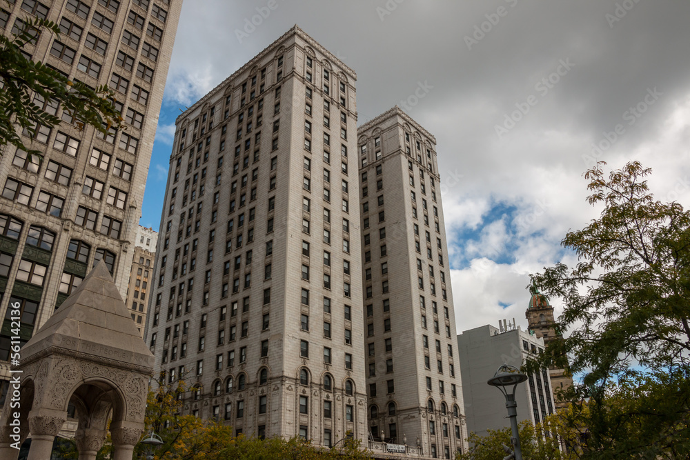 New Cadillac Square Apartments, a Beaux-Arts architectural style residential building built in 1927 in downtown Detroit, Michigan during an autumn afternoon, September 2022.