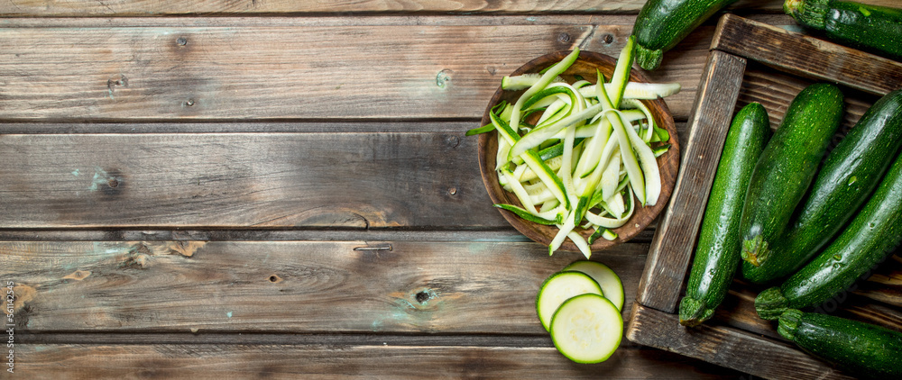 Pieces of zucchini in bowl. Pieces of zucchini in bowl.