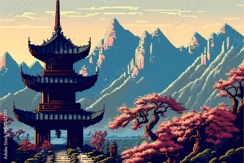 Chinese temple landscape with mountains in the background  16 bit pixel art style. AI digital illustration