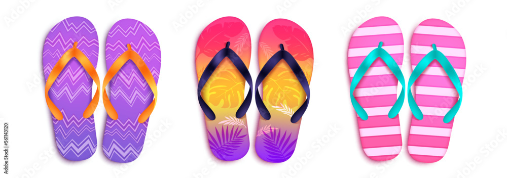 Summer flip flop vector set. Slipper footwear elements with stripes and leaves in colorful design. Vector illustration summer collection.
Summer flip flop vector set. Slipper footwear elements with stripes and leaves in colorful design. Vector illustration summer collection.