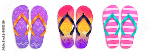 Summer flip flop vector set. Slipper footwear elements with stripes and leaves in colorful design. Vector illustration summer collection. 
