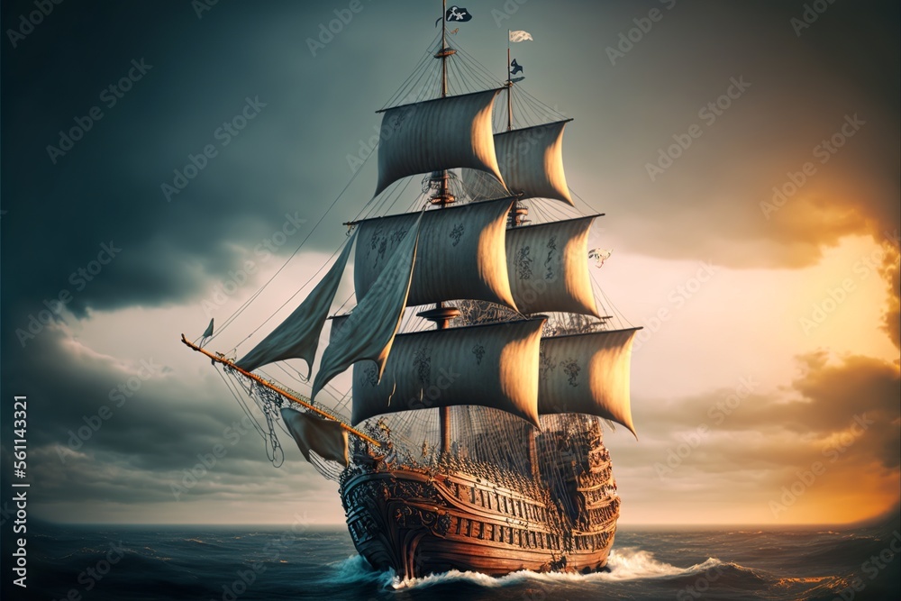 Obraz premium Landscape with pirate ship at sea, horizon in background. AI digital illustration