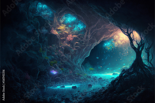 A mysterious cave system filled with glowing crystals. Superb anime-styled and DnD environment © Yaoso