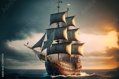 Landscape with pirate ship at sea, horizon in background. AI digital illustration