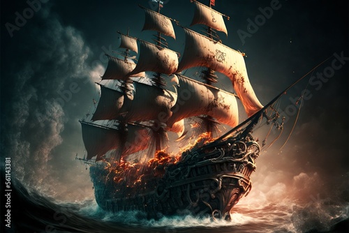 Fototapeta Pirate ship destroyed in flames after battle at sea