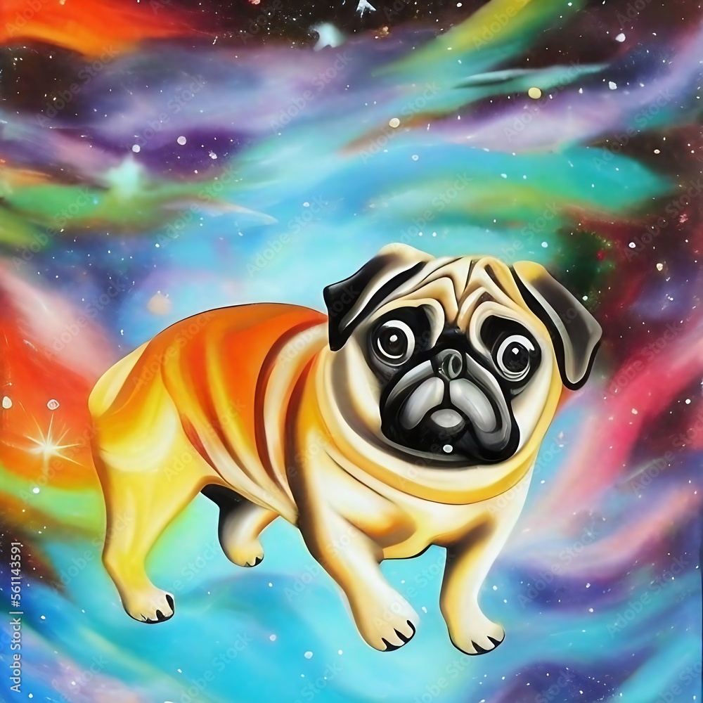 Colourful pug dog in space galaxy digital artwork oil painting generative AI