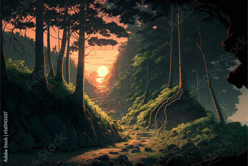 Sunset. Forrest view. Superb anime-styled and DnD environment
