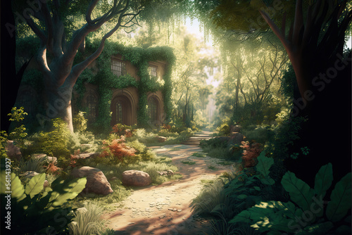 A beautiful secret fairytale garden with flower arches and beautiful tropical forest with colorful vegetation