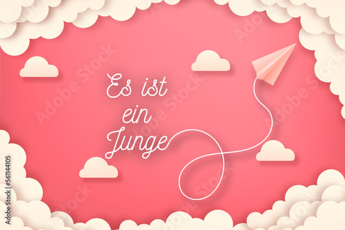 Karte oder Banner zur Ankündigung der Geburt eines kleinen Mädchens in Weiß mit ecrufarbenen Wolken ringsum auf einem rosa Pantone 2019-Hintergrund mit Farbverlauf