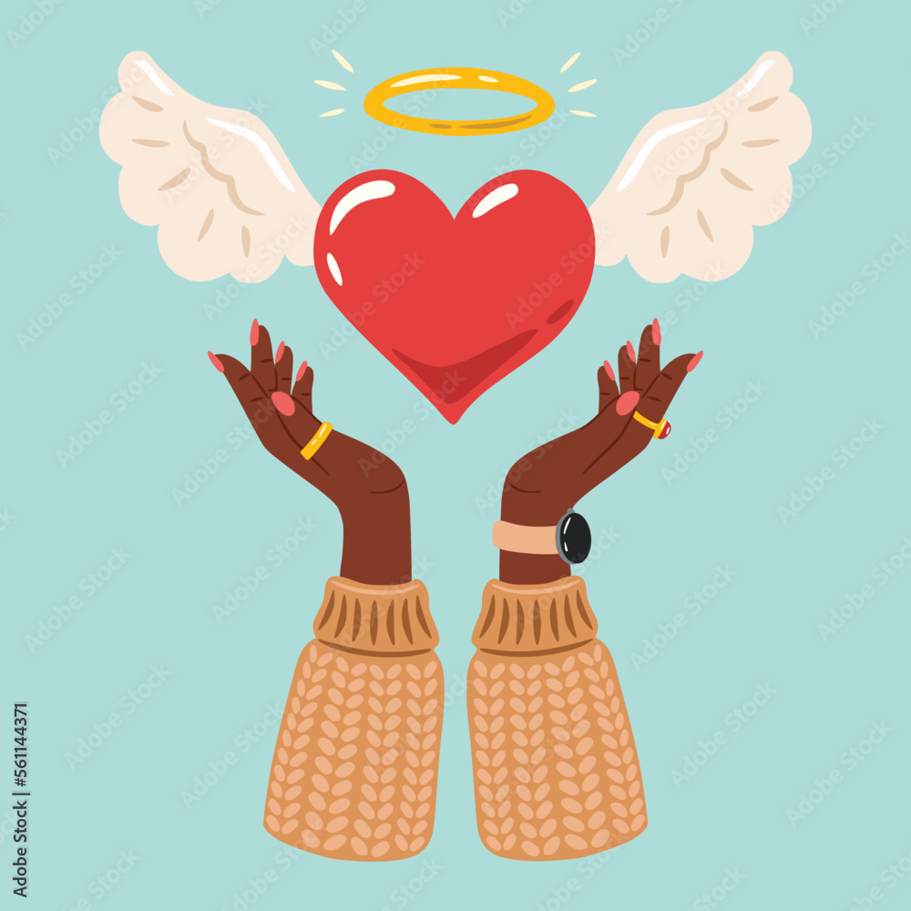 Obraz premium Heart in hands. Hand holding heart flat vector illustration. A flying heart with angel wings in hands. Valentine's day. Cute illustration for a print.