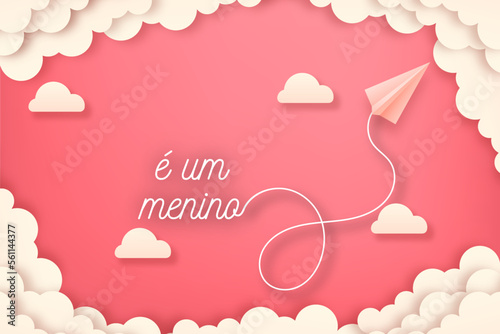 cartão ou banner para anunciar o nascimento de uma menina em branco com nuvens bege ao redor em um fundo rosa gradiente Pantone 2019