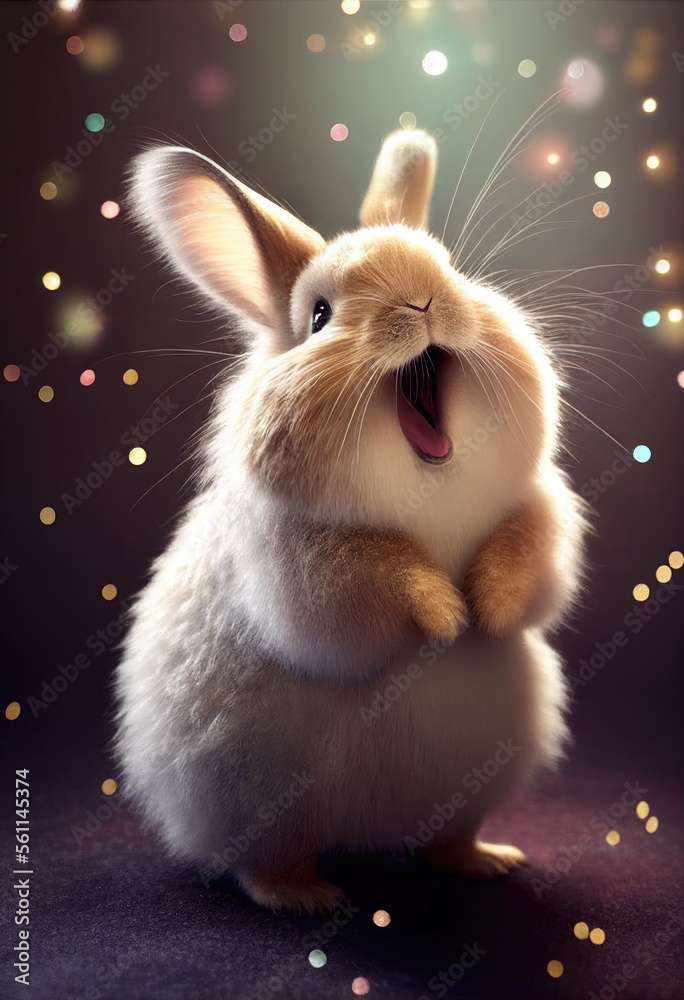 Feiern mit Stil: Ein süßes kleines Häschen singt und tanzt vor einem festlichen Hintergrund, perfekt für das chinesische Neujahr des Kaninchens