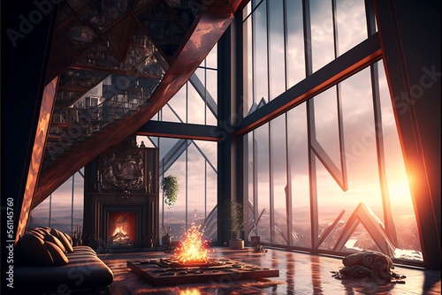 Canvas-taulu firestorm theme,luxury loft with high windows