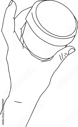 Outline sketch of hand holding closed round jar with lid for your design