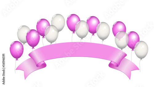 Fliegende weiße und pinke durchsichtige Helium Luftballons 
und pinke blanko Banderole,
Vektor Illustration isoliert auf weißem Hintergrund
