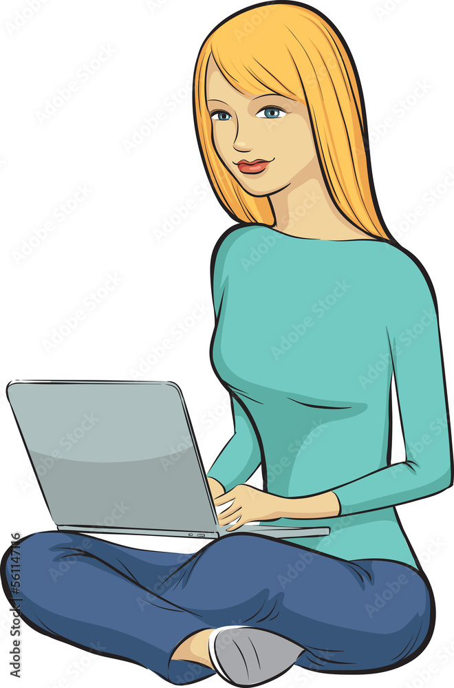 Blond girl sitting with laptop computer - PNG image with transparent background Blond girl sitting with laptop computer - PNG image with transparent background