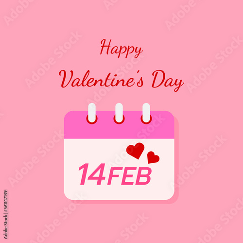 Happy Valentine's Day calendar with 14 date in February and couple heart in pastel pink background.